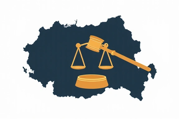 Imagine reprezentând o hartă stilizată a României, cu un simbol al legii, indicând jurisdicția.